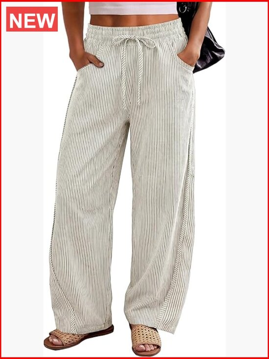 Pants - Womens Striped Barrel Casual Pants Elastic Drawstring Wide Leg Trousers with